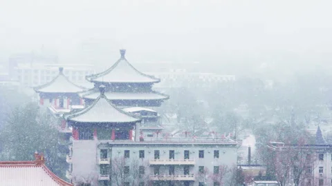 Snow-Covered Historic Tower at the Forbidden City 08 Stock Footage 305417242