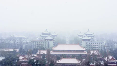Snow-Covered Historic Tower at the Forbidden City 10 Stock Footage 305417446
