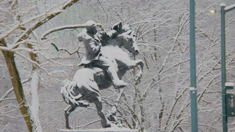 Snow-covered Jos Mart Statue in Central Park NYC during snowfall, honoring the C Stock Footage 309299936