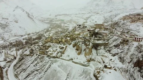 Snow-covered Lamayuru Monastery as seen from an aerial vantage point. Stock Footage 310661070
