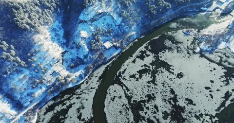 Snow Covered Landscape Brutalist Construction Overlooking Large Freezing Lake Stock Footage 300475213