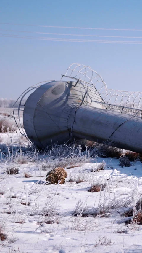 Snow-covered landscape with a large fallen metal structure and a wild animal 스톡 동영상 347360396