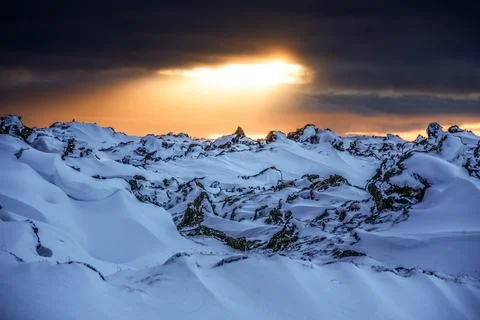 Snow-covered landscape with sunset Foto stock