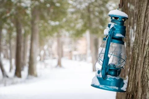 Snow-covered lantern on a path through the woods Stock Photos