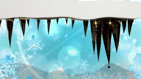 Snow-covered ledge with dark icicles melting under mild warming, droplets Stock Footage 340674972