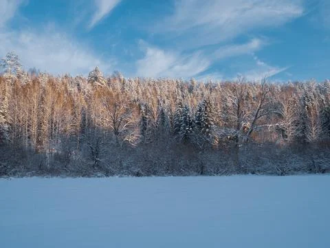Snow-covered meadows and forest in the valley of the Stone Hill park on a fro Stock Photos