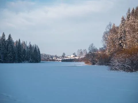 Snow-covered meadows and forest in the valley of the Stone Hill park on a fro Stock Photos