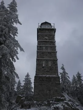 Snow-Covered Medieval Tower in Forest, Czech Republic Stock Photos