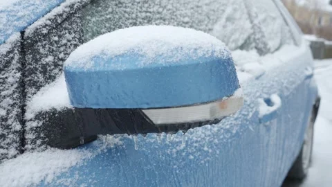 Snow Covered Modern Blue Car Side Mirror, Close Up, Dolly Shot Stock-Footage 276109609