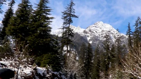 Snow-covered mountain in the background with mountain covered with pine trees 스톡 동영상 148254210