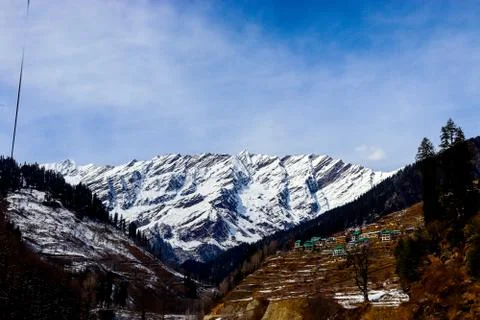 Snow-covered mountain in the background with mountain covered with pine trees Fotos de archivo