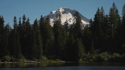 Snow-covered mountain beyond evergreen forest at Oregon Mirror Lake Stock Footage 345302010