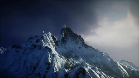 Snow covered mountain peak under dramatic sky at dusk Stock Illustration