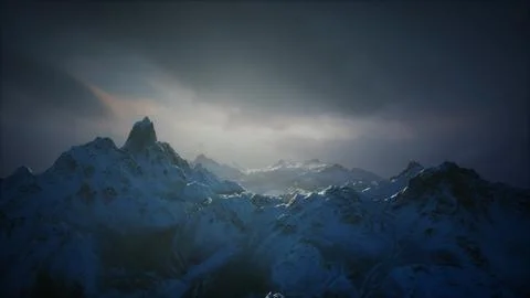 Snow covered mountain range at twilight with dramatic clouds over peaks Stock Illustration