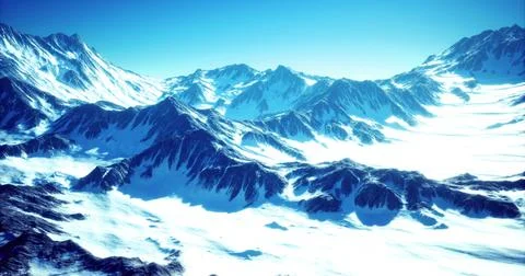 Snow covered mountain range under clear blue sky in winter season Ilustração Stock