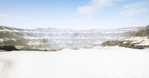 Snow covered mountain range under clear blue sky with distant peaks Stock Illustration