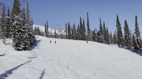 A snow-covered mountain winter forest with a ski lift at a ski resort. Видео 321563746