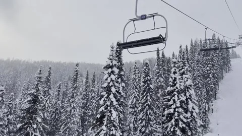 A snow-covered mountain winter forest with a ski lift at a ski resort. Stock-Footage 321564213