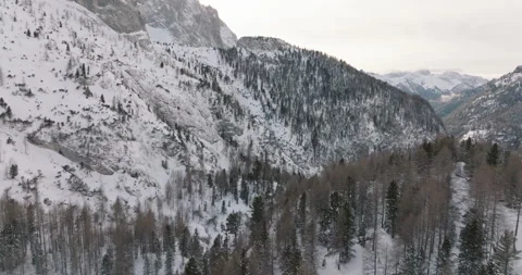Snow covered mountains and forests below Marmolada glacier mountain. Aerial. Stock Footage 225859352