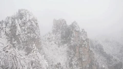 Snow covered mountains and trees in a foggy winter landscape Video stock 311820133