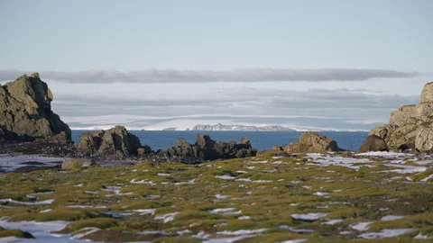 Snow covered mountains beyond rocky Antarctic coastline 스톡 동영상 343119092