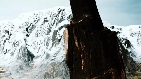 Snow covered mountains with a tree stump in the foreground during a cloudy day Stock Footage 339878602