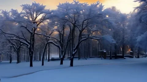 Snow covered park and trees at sunrise falling snow. A short video of beaut.. Stock Footage 255894053