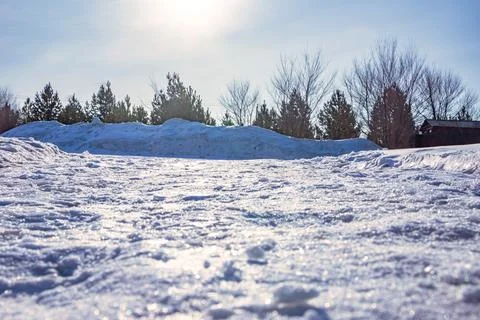 Snow-covered park in the cold rays of the sun Stock Photos