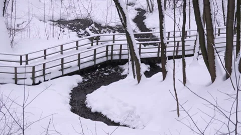A snow covered path with a bridge over a stream Vídeo Stock 327025185