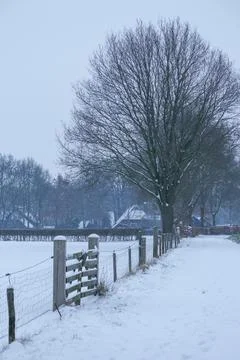 Snow-Covered Path with Fence and Gate Leading to Farmhouses Stock Photos