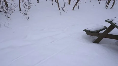 Snow-covered picnic table 스톡 동영상 135911748