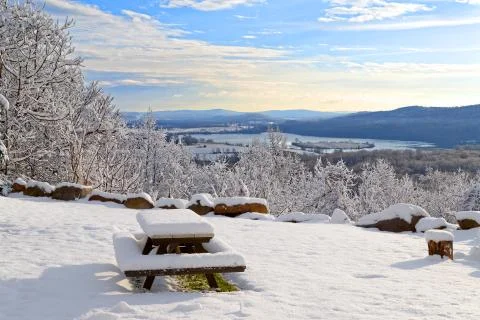 Snow Covered Picnic Table with a View Stock Photos