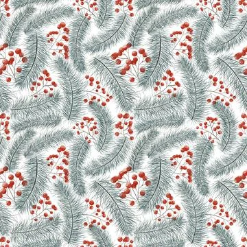 Snow-covered pine branches and red berries. Seamless winter pattern. Stock Illustration