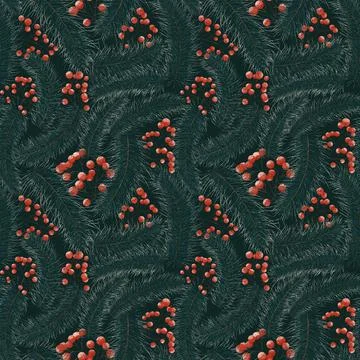 Snow-covered pine branches and red berries. Seamless pattern Stock Illustration