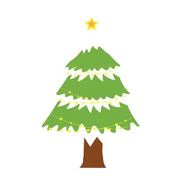 Snow Covered Pine Tree With Decorative Christmas Lights Illustration Stock Illustration