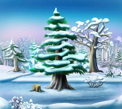Snow-covered Pine Tree in a Winter Forest Stock Illustration
