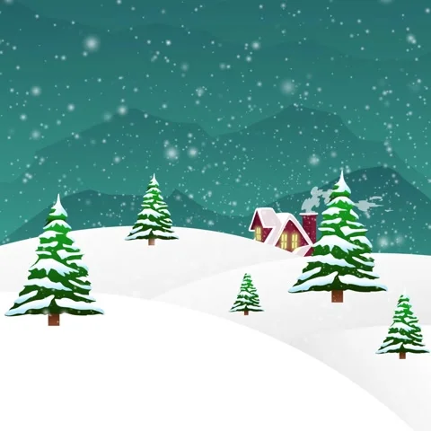 Snow Covered Pine Trees and Cottage Winter Landscape Animation Background Stock Footage 348229804