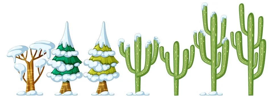 Snow Covered Pine Trees and Cacti Vector Illustration Illustrazione stock