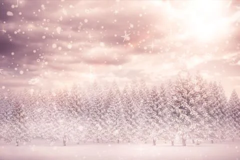 Snow-covered pine trees are standing on field in flat design with falling Illustrazione stock