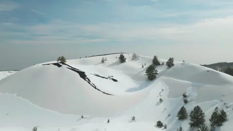Snow-Covered Pine Trees on Mountain Ridge in Winter, Aerial View Stock Footage 337690336