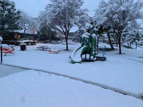 Snow covered playground Las Vegas snow day February 20, 2019 Stock Photos