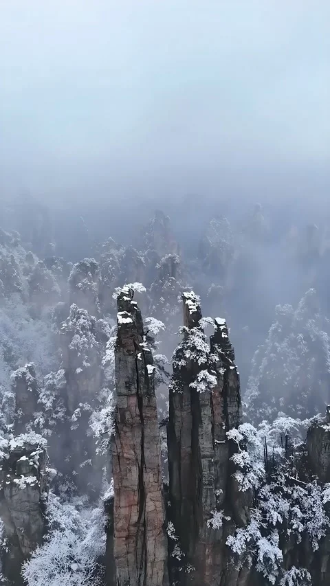 Snow Covered Quartz Sandstone Pillars in Misty Winter Zhangjiajie China Stock Footage 345727618