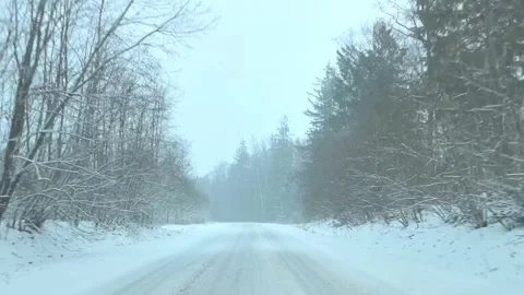 Snow-covered road in winter through forest with low visibility and falling snowf Stock Footage 326376336