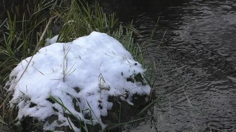 Snow covered rock in a mountain stream Video stock 45146711