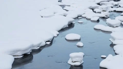 Snow-covered rocks in river flowing through snowy winter Japanese landscape Stock Footage 328807231