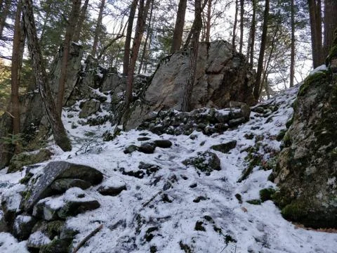 Snow Covered Rocky Hillside in a Forest Stock Photos