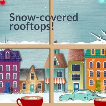Snow covered rooftops text over snowy christmas winter street scene through Ilustração Stock