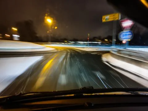 Snow-covered roundabout at dusk - Lilleaker Stock Photos