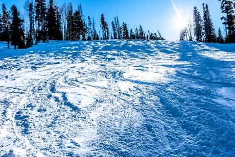 Snow Covered Ski Slope Texture with Tracks and Patterns Under Bright Sunlig.. Stock Photos