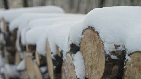 Snow-covered stack of cut firewood in winter Stock Footage 328005737